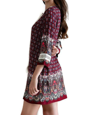 Entro - Border Print Lace Up Tassel Tie Dress