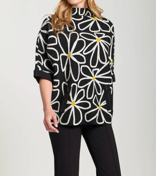 Apny - Whimsical Floral Sweater With Contrast Cuffs And Pockets