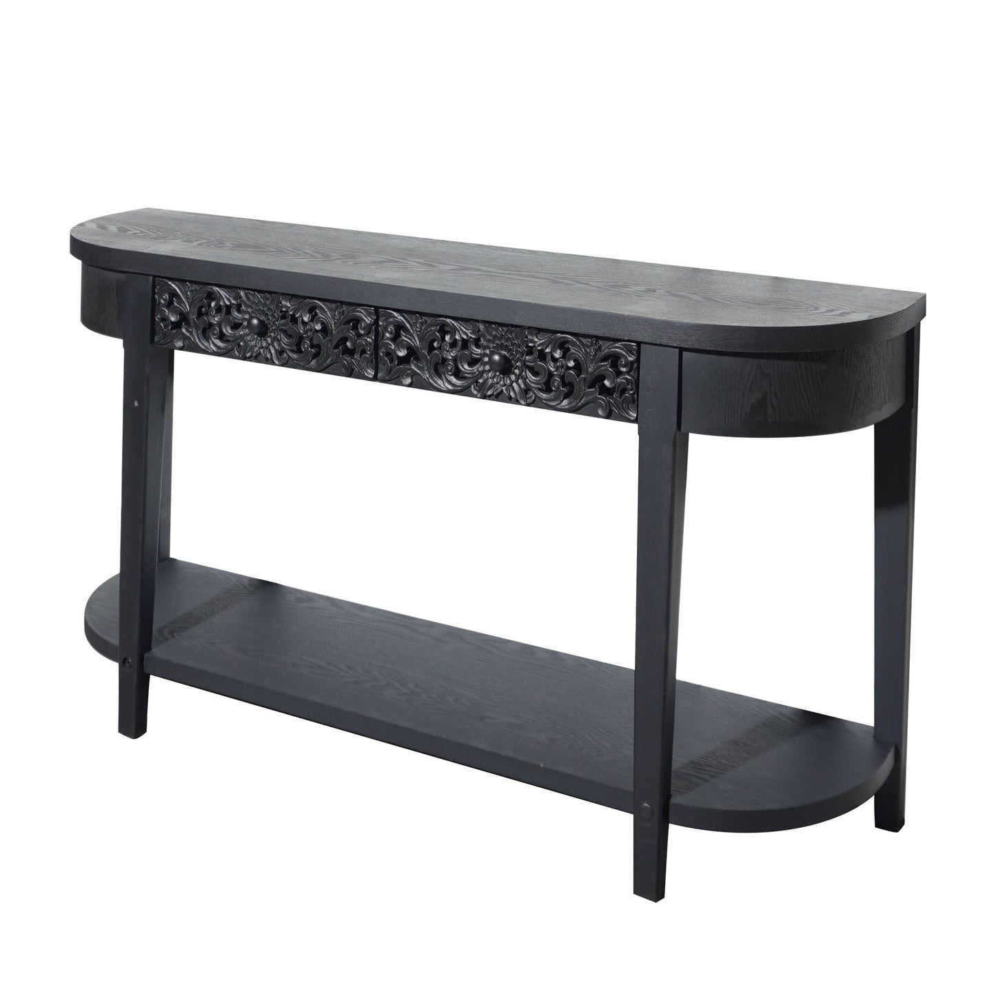 59.2in Black Carved Wooden Console Table with Lower Storage Shelf and Drawers
