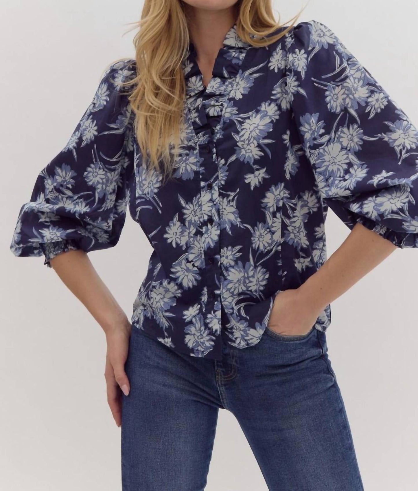 Entro - Ruffled Neck Floral Top