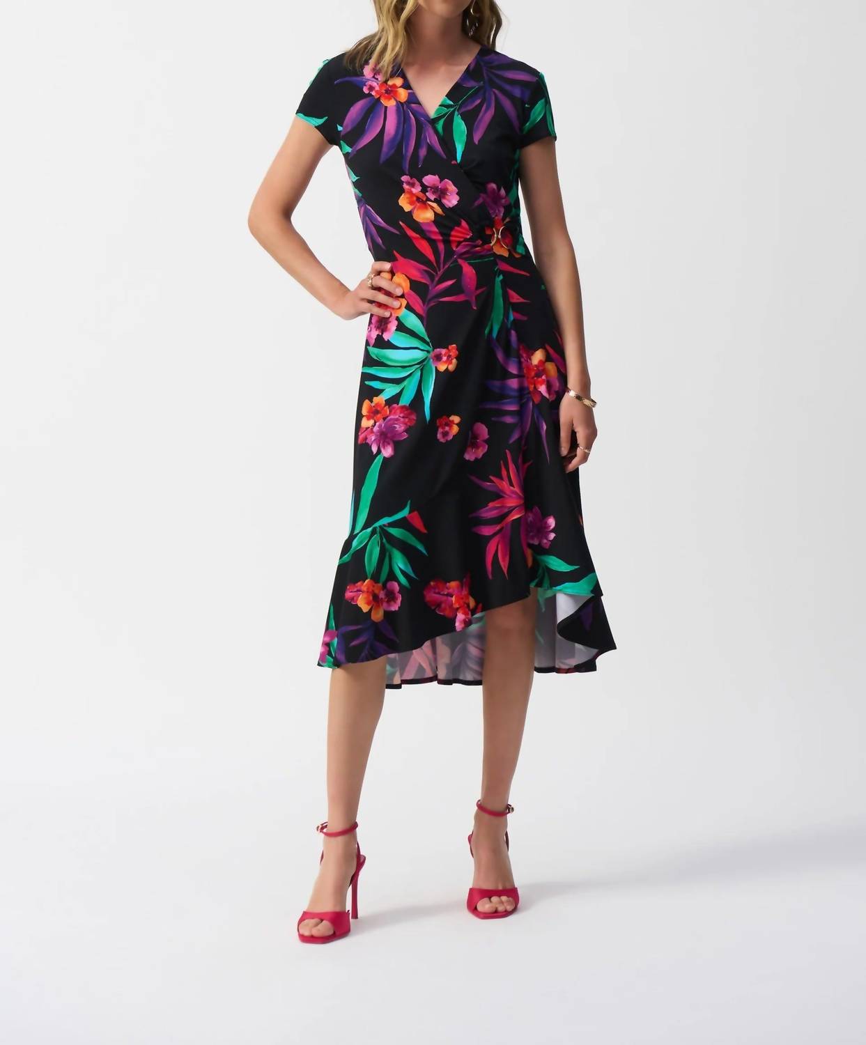 Joseph Ribkoff - Tropical Print Faux Wrap Midi Dress