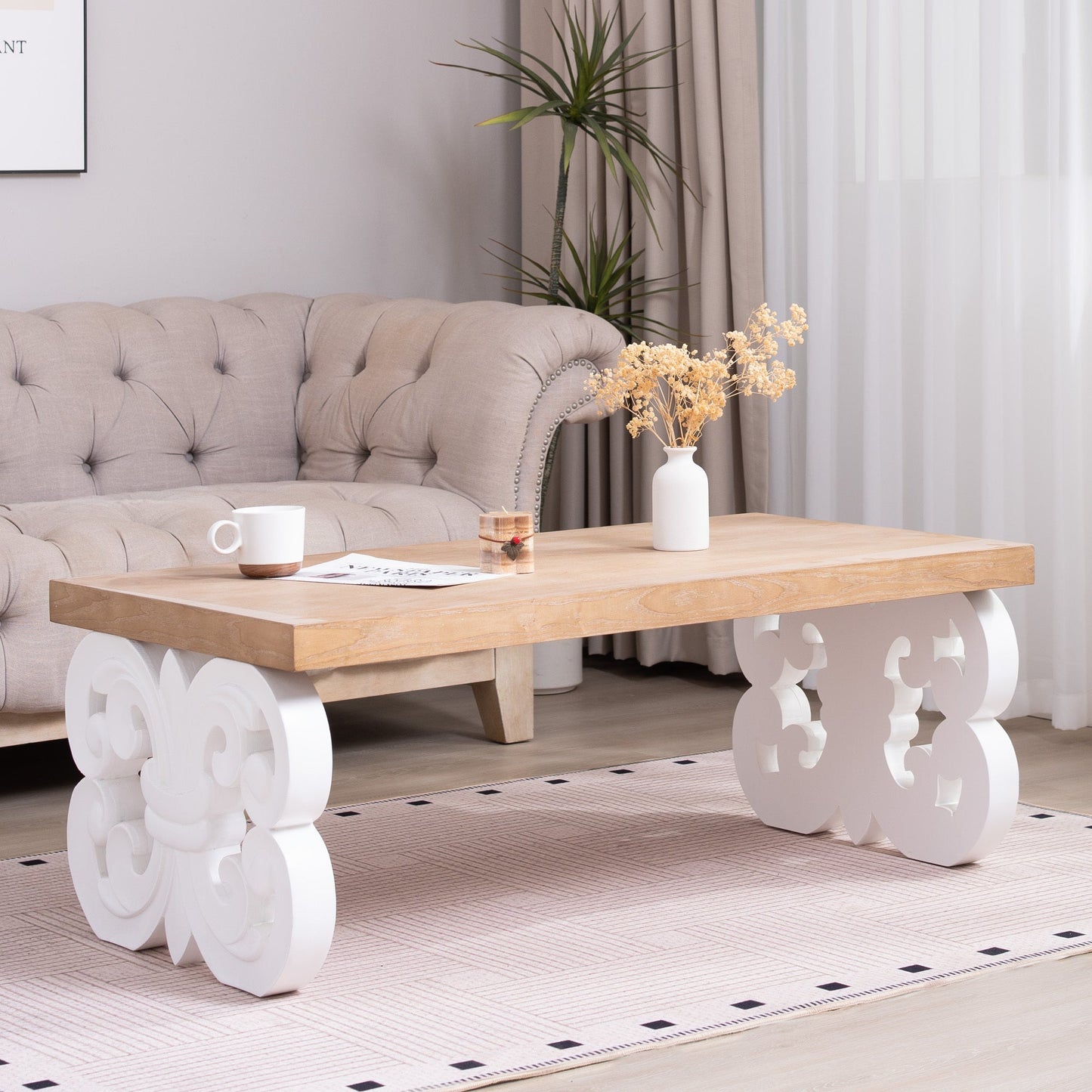 Ornate Wood Coffee Table – 47" Rectangular Farmhouse Style Table