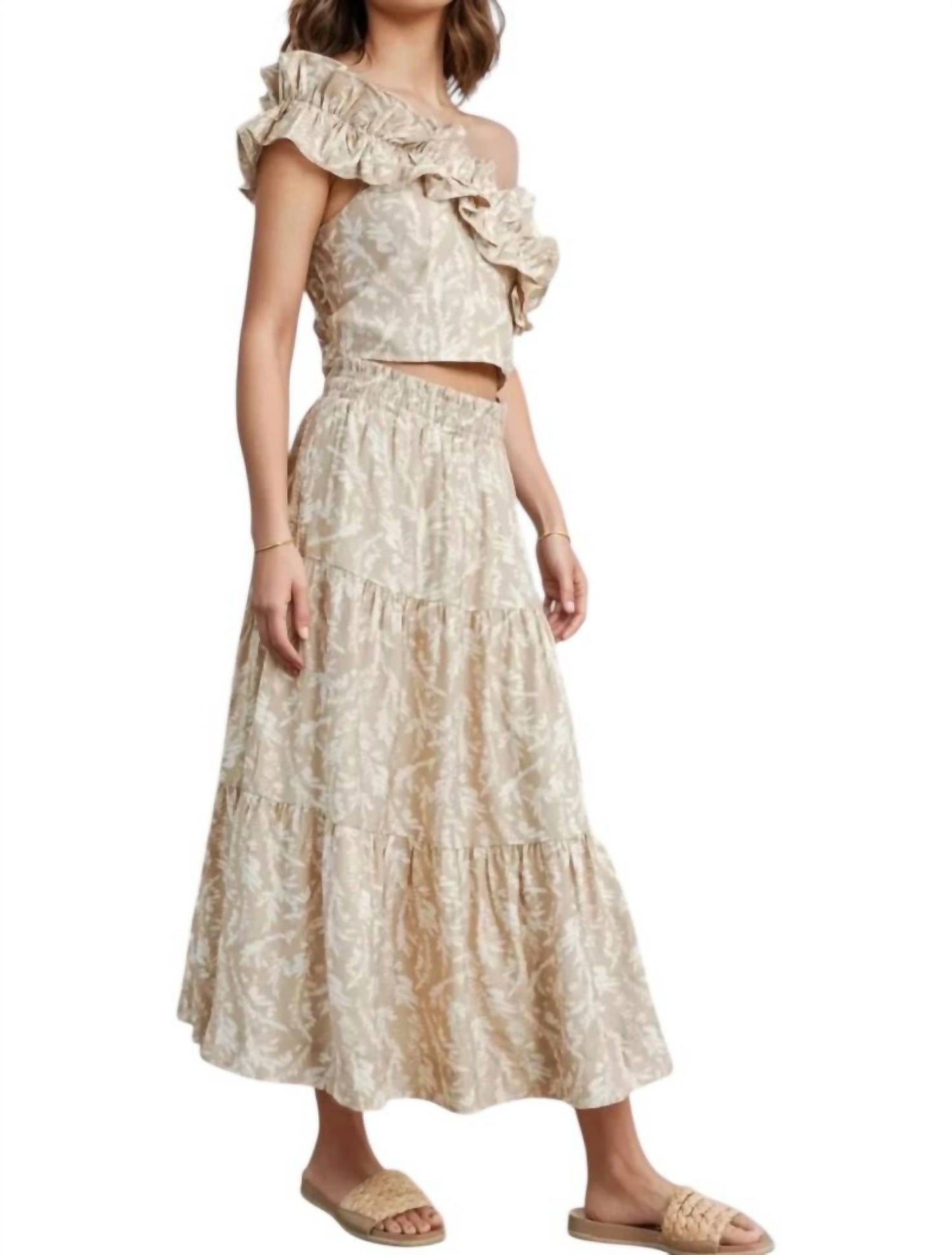 Buttermelon - Abey Leaf Print One-Shoulder Cropped Top & Maxi Skirt