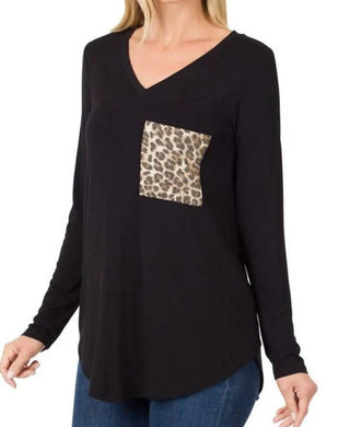 Zenana - Leopard Pocket V-neck Long Sleeve Top