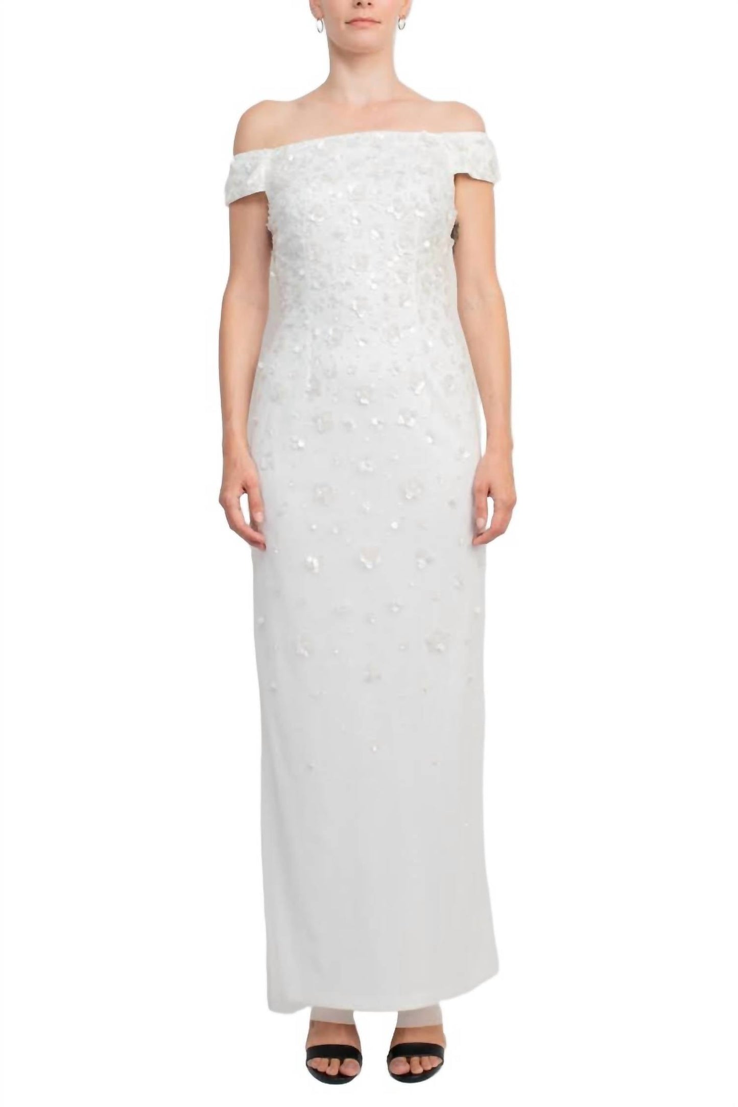 Adrianna Papell - Off The Shoulder Sequined Beaded Column Mesh Dress
