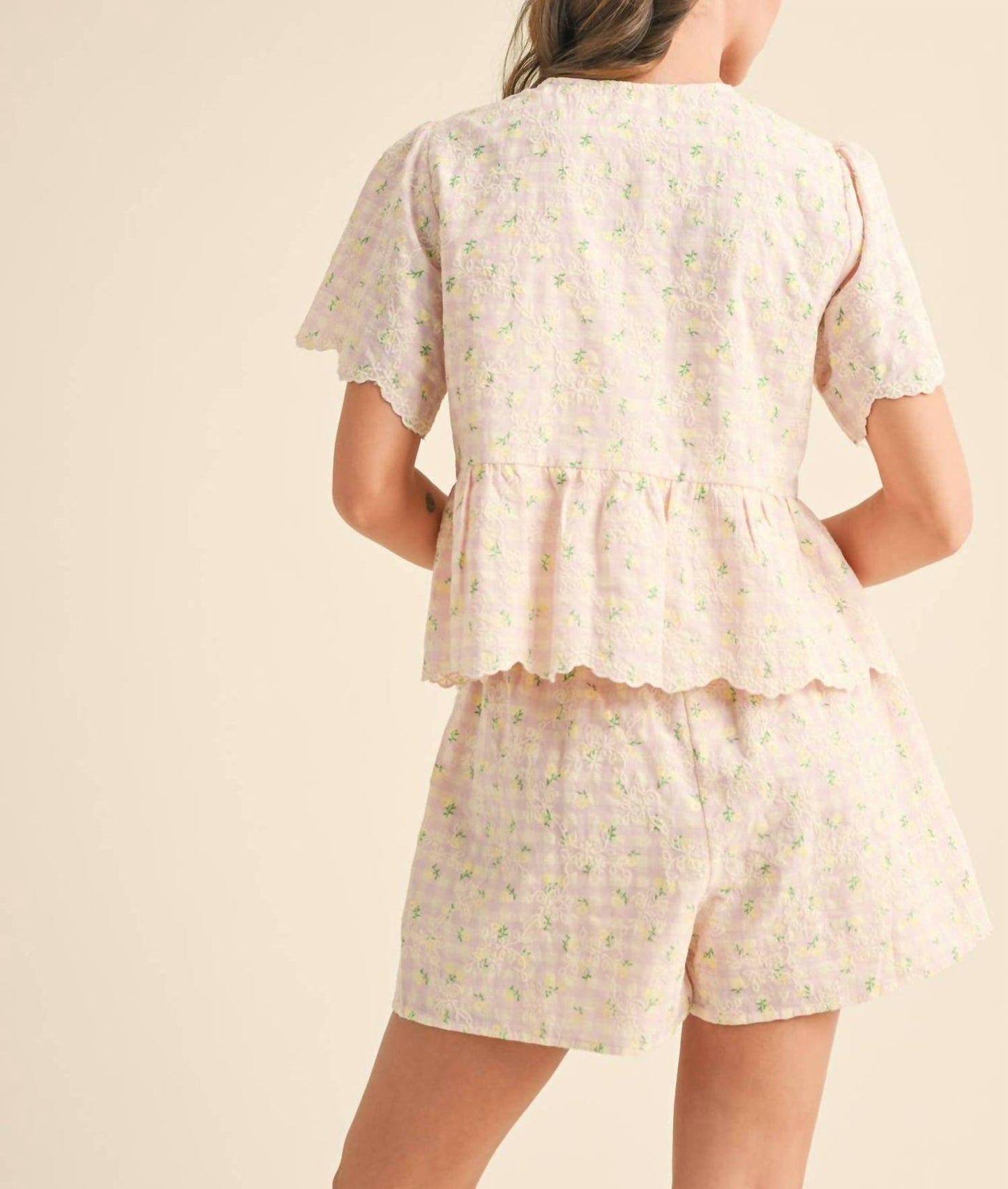 &Merci - Embroidered Floral Gingham Top And Shorts Set