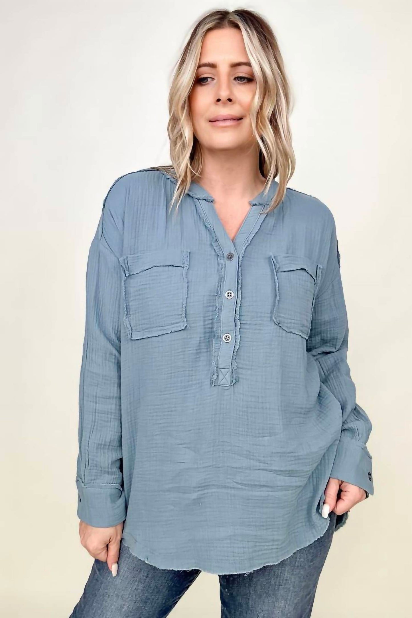 Zenana - Gauze Split Neck Button Front Top