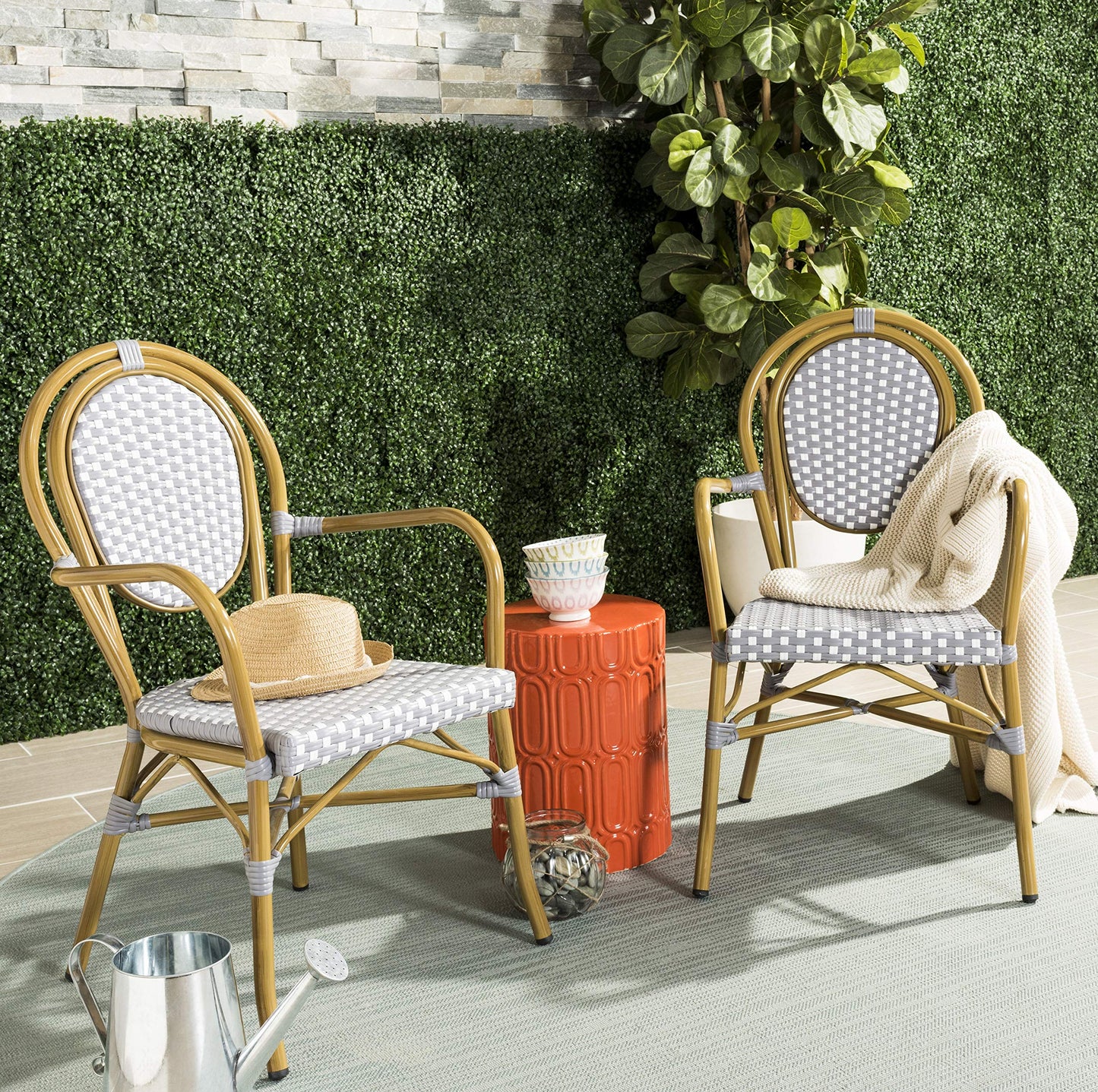 Safavieh PAT4014BSET2 Outdoor Collection Rosen Grey and White French Bistro Stacking Arm Chair