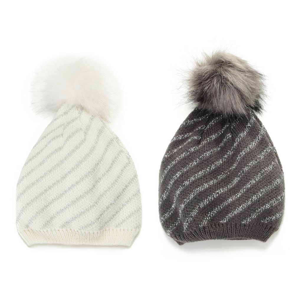 Joan Vass Lurex Striped Faux Fur Pom Beanie, 2-Pack