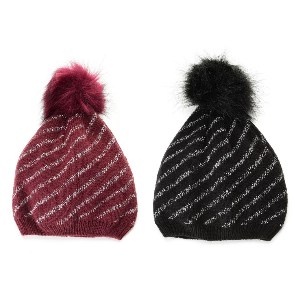 Joan Vass Lurex Striped Faux Fur Pom Beanie, 2-Pack