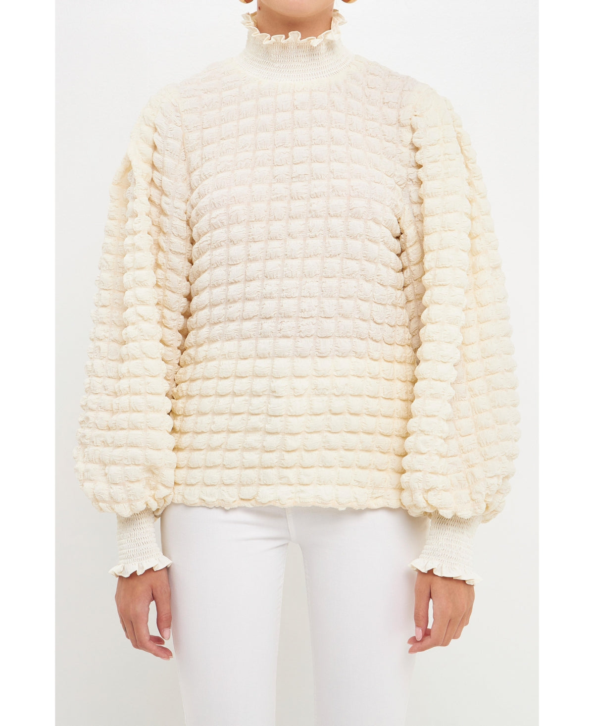 Women's Textured Smock Neck Blouse Natural Size S