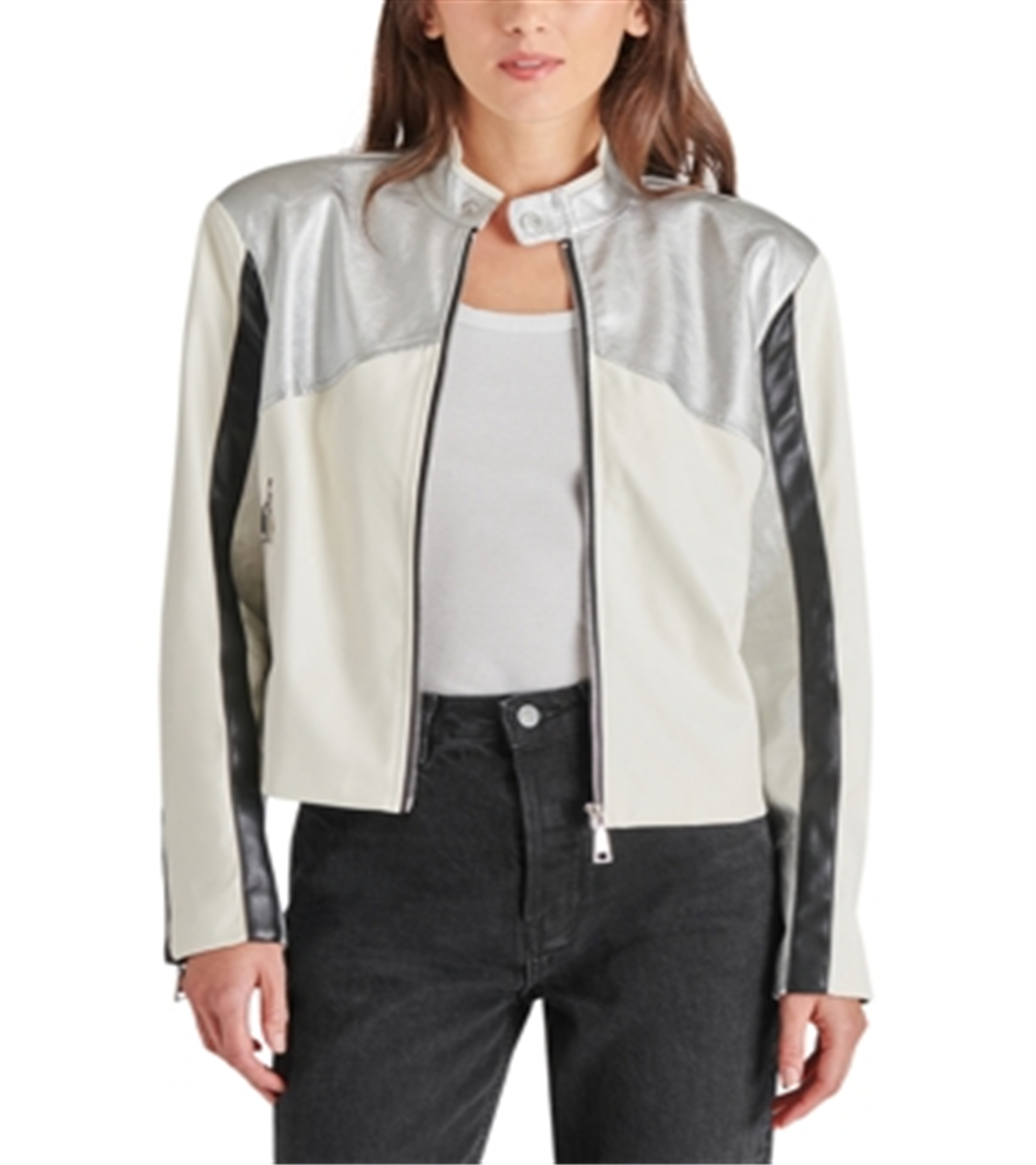 Steve Madden Helayna Color Blocked Moto Jacket Silver