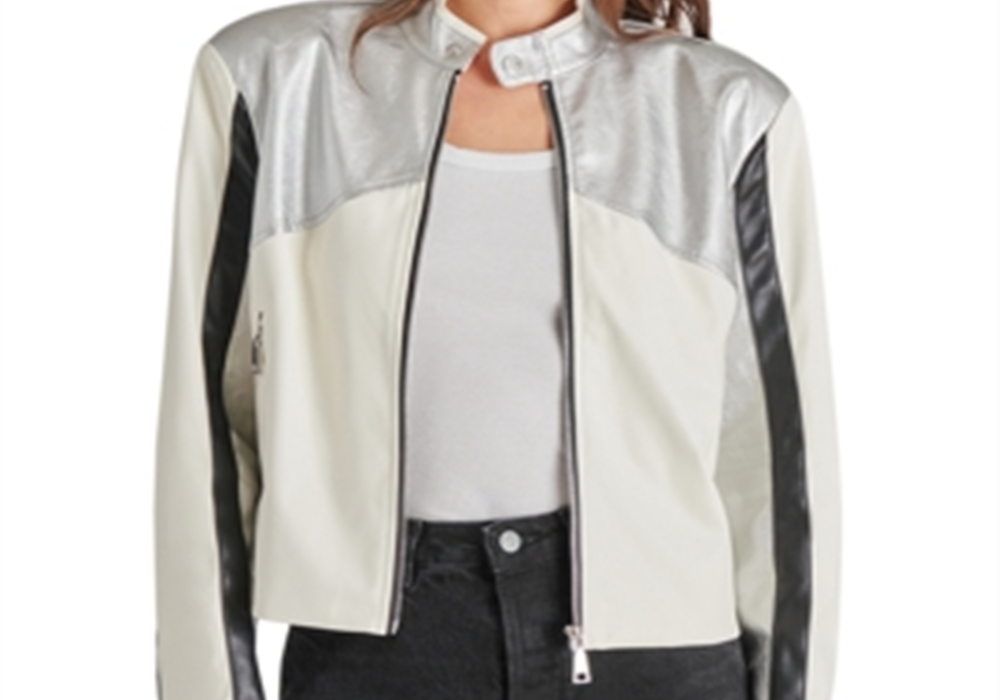 Steve Madden Helayna Color Blocked Moto Jacket Silver