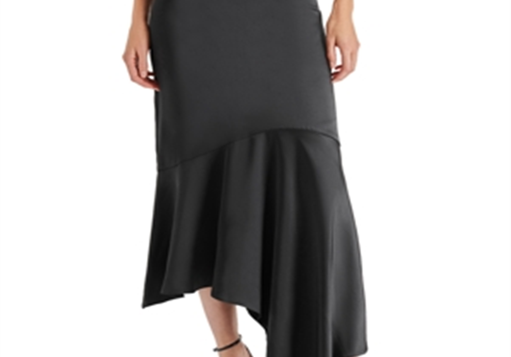 Steve Madden Lucille Satin Asymmetric Midi Skirt Black