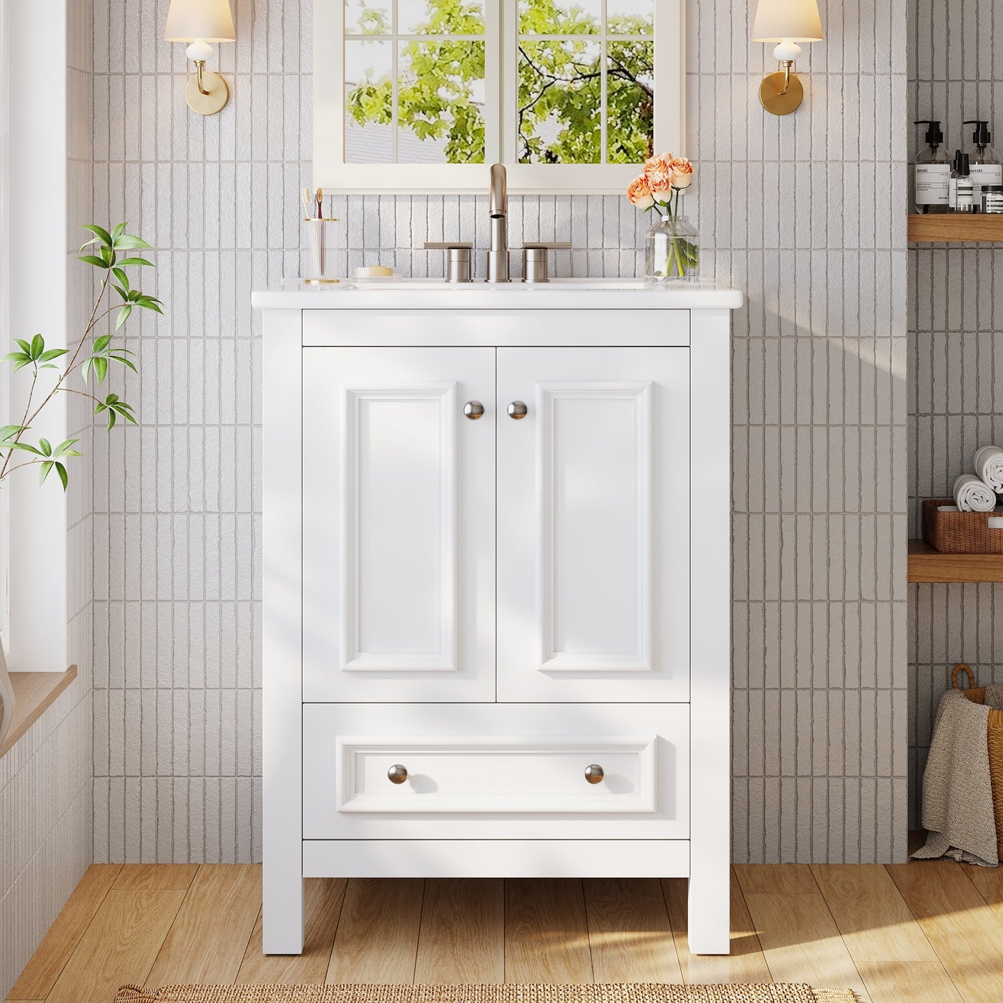 Bathroom Vanity with Sink Solid Wood Frame Freestanding Vanity with Door Organizer and Drawer