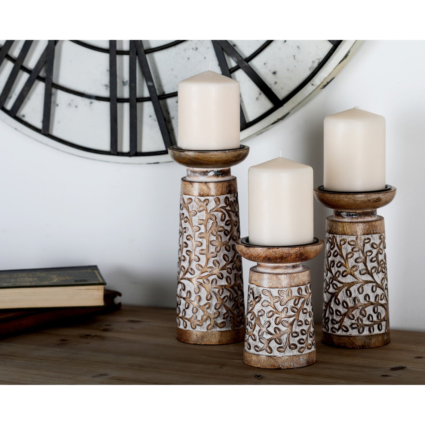 Brown Mango Wood Coastal Candle Holder Set of 3