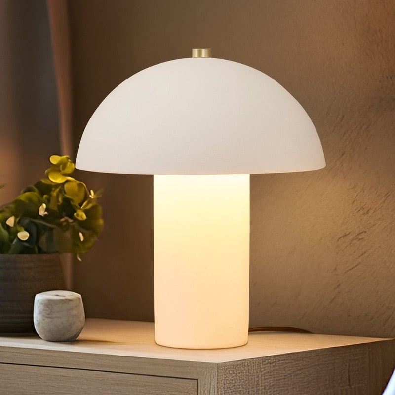 Brightech Alba LED OffWhite Cream Ceramic Midcentury Round Dome Dimmable Bedside Nightstand Desk Lamp