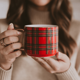 Red Plaid 14oz. Gold Handle Coffee Mug