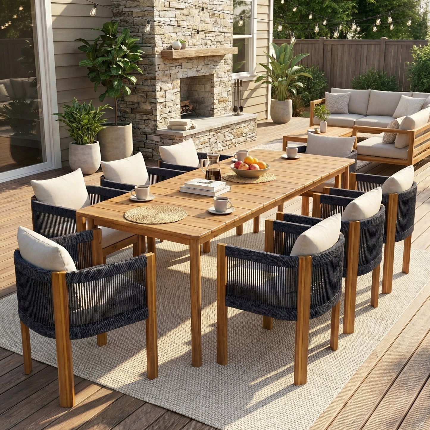 Christopher Knight Home  Aurelia Farmhouse Acacia Wood Outdoor 9Piece Dining Set with Woven Rope Back Chairs and Cushions