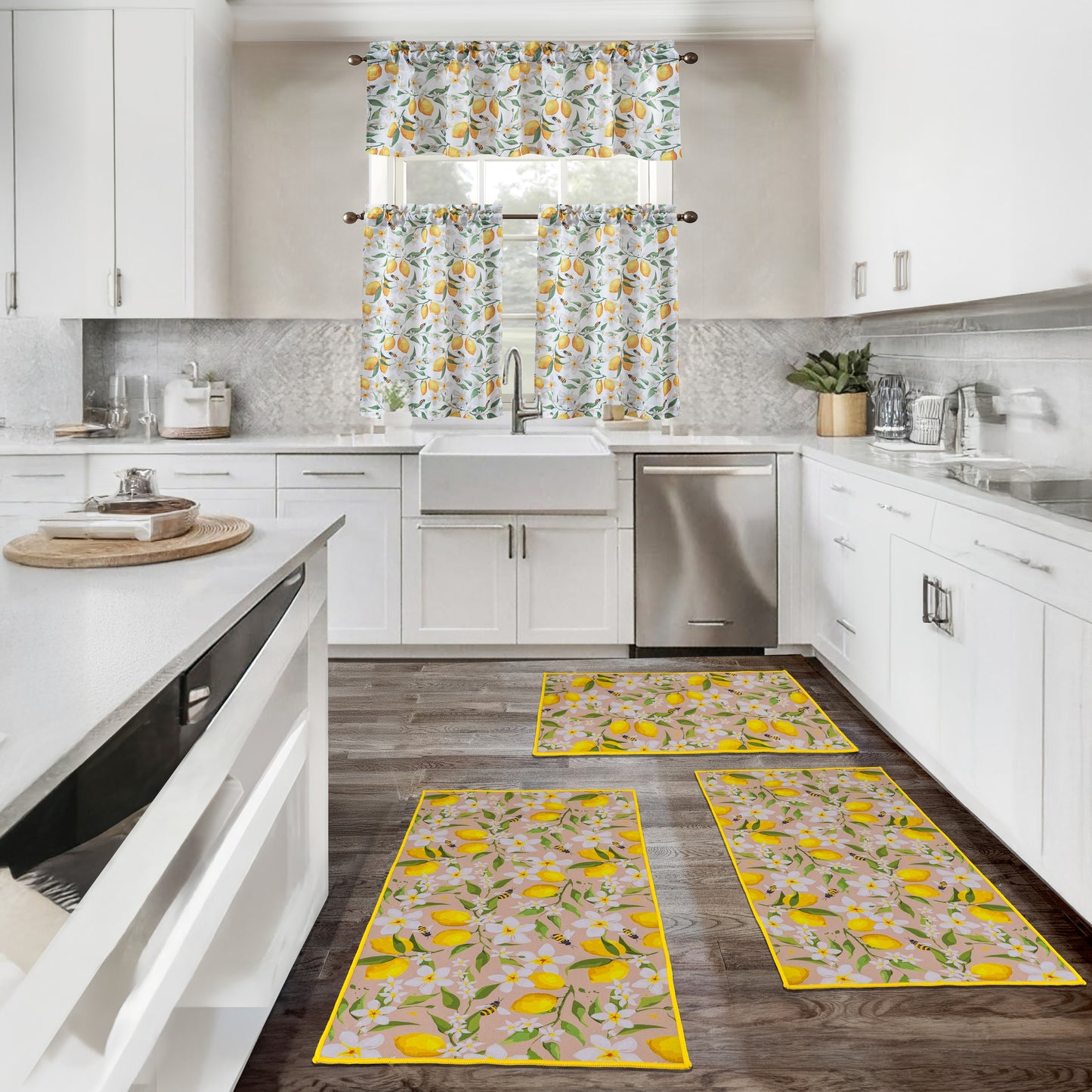 Cucina Lemon Bee 3PC Kitchen Rug Set  3Piece Set