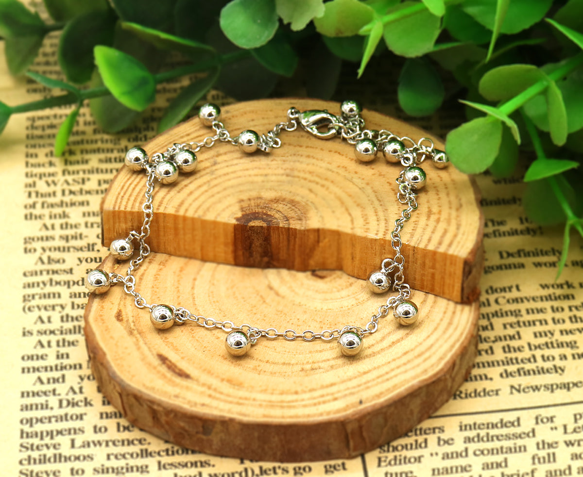 14K White Gold Ball Bead Station Anklet