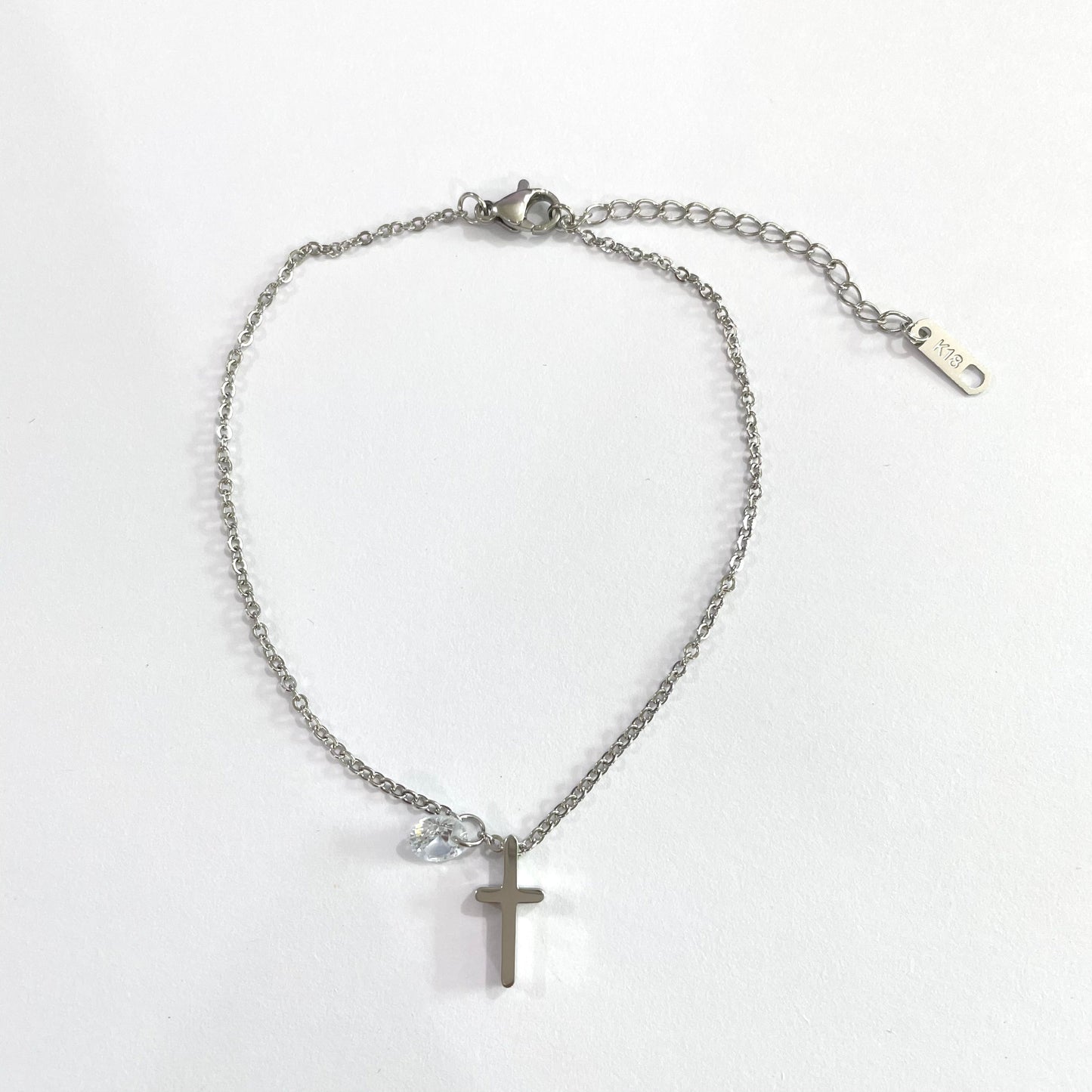 Stainless Steel Cross and Crystal Anklet