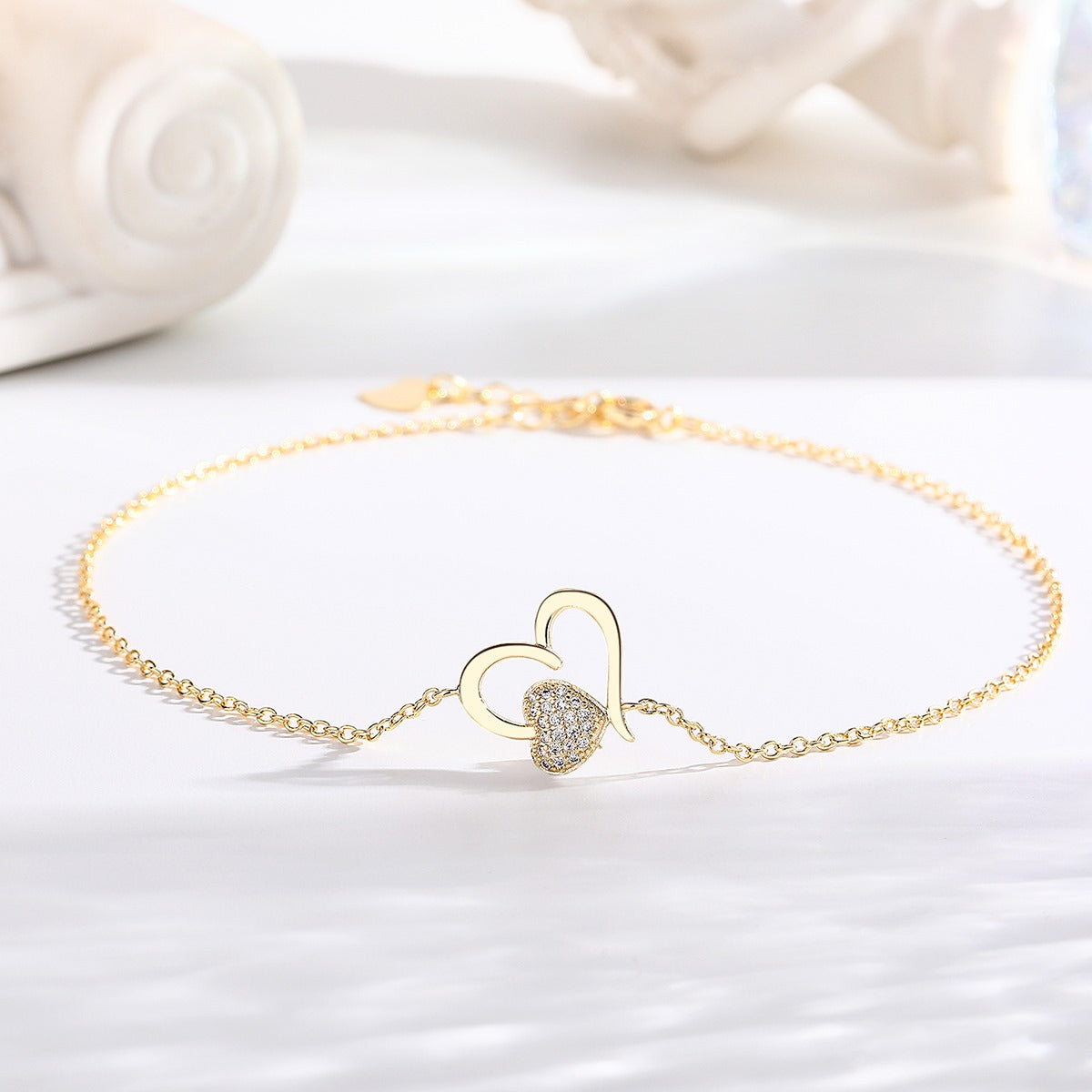 14K Gold Heart Anklet with Crystals