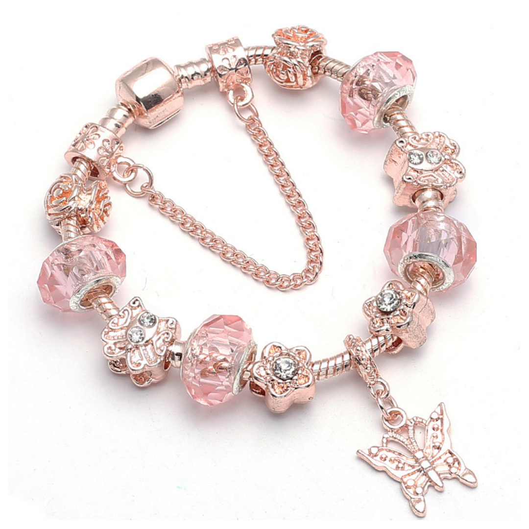 Pink  Crystal Murano Butterfly Bracelet in 14K Rose Gold