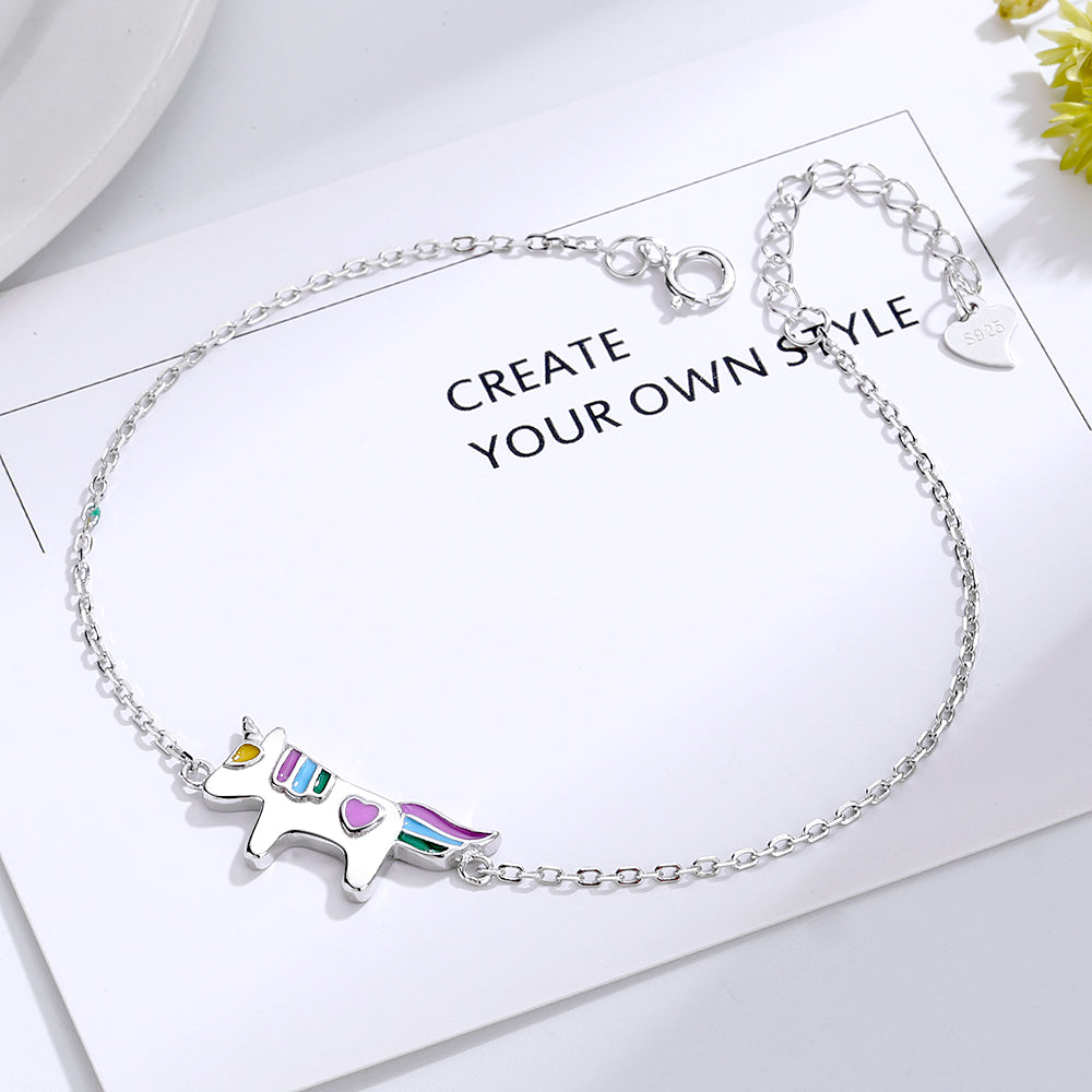 14K White Gold plated Unicorn Charm Bracelet with Crystals