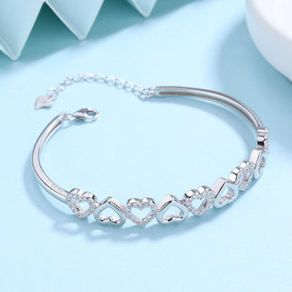 Sterling Silver & Swarovski Crystal Hearts Bangle Adjustable Bracelet