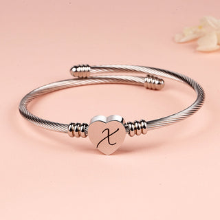 Twisted Steel Heart Cable Initial Bracelet