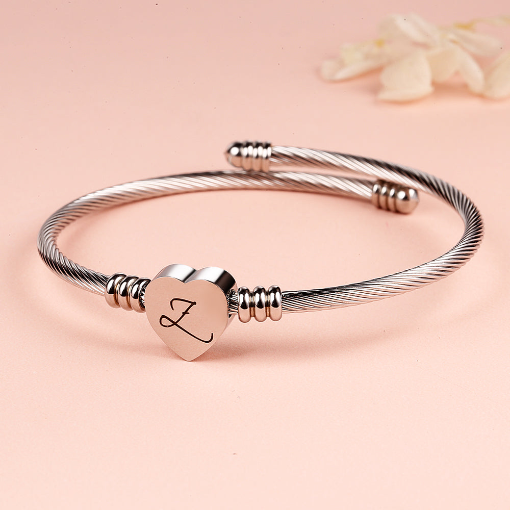 Twisted Steel Heart Cable Initial Bracelet