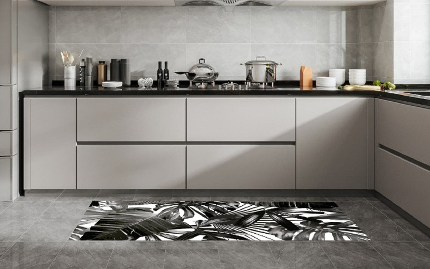 Black Leaves 19.6 in. x 55 in. Anti-Fatigue Kitchen Runner Mat