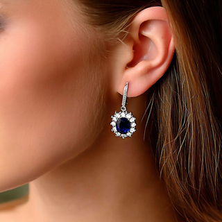 18K White Gold Sapphire Halo Leverback Earrings