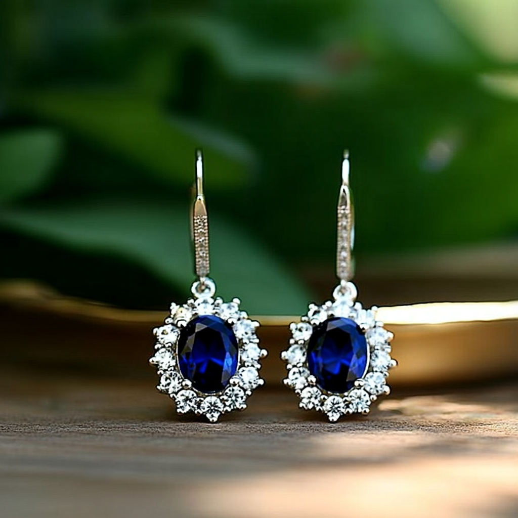 18K White Gold Sapphire Halo Leverback Earrings