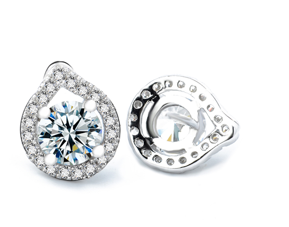 Halo Crystal Stud Tear Drop Earrings in 14K white gold