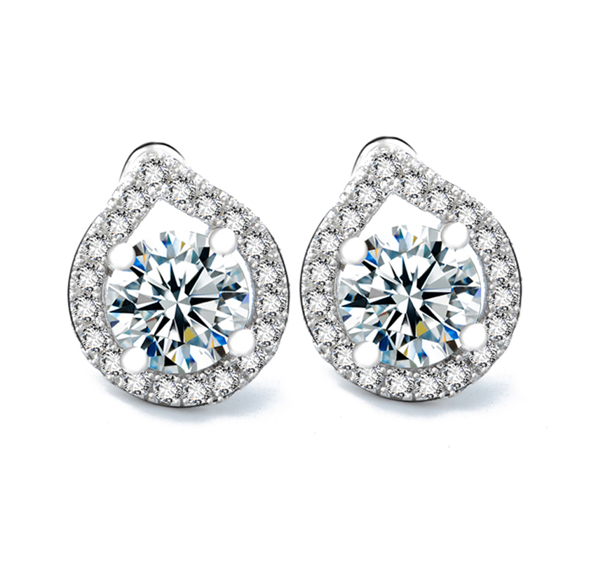 Halo Crystal Stud Tear Drop Earrings in 14K white gold