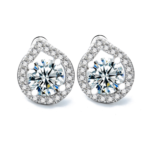 Halo Crystal Stud Tear Drop Earrings in 14K white gold