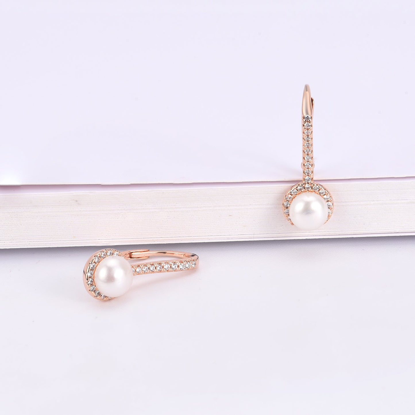 Halo Cultured Pearl Leverback Earrings in 18K White Gold