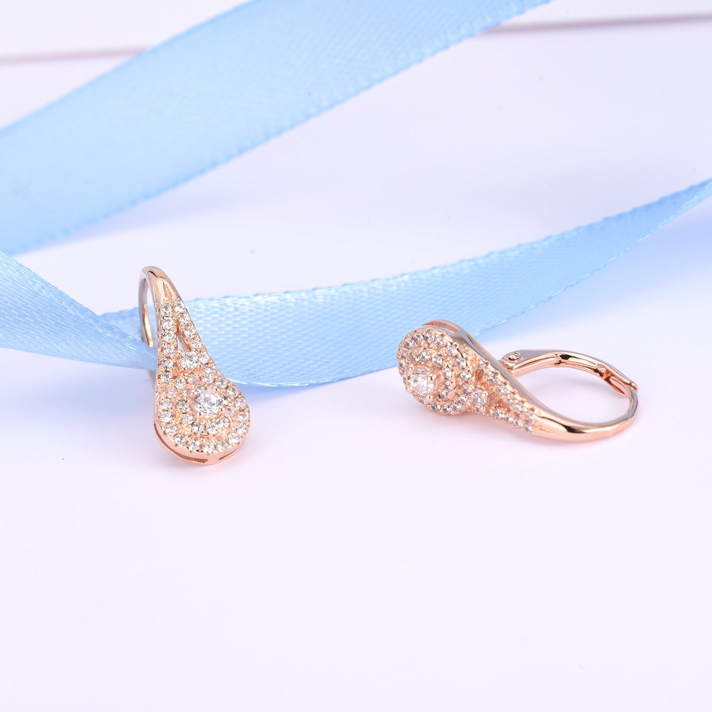 Studded Genuine Crystal Leverback Earring in 18K Rose or White Gold