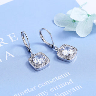 18K Gold Square Halo Lever-back Drop Earrings