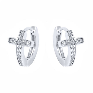 14K Gold Cross Huggie Earring with Genuine Crystals
