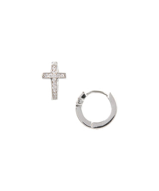 14K Gold Cross Huggie Earring with Genuine Crystals