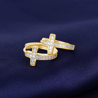 14K Gold Cross Huggie Earring with Genuine Crystals