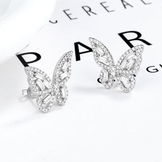 14k Gold and Sterling Silver Round and Baguette Butterfly Earrings with Crystals