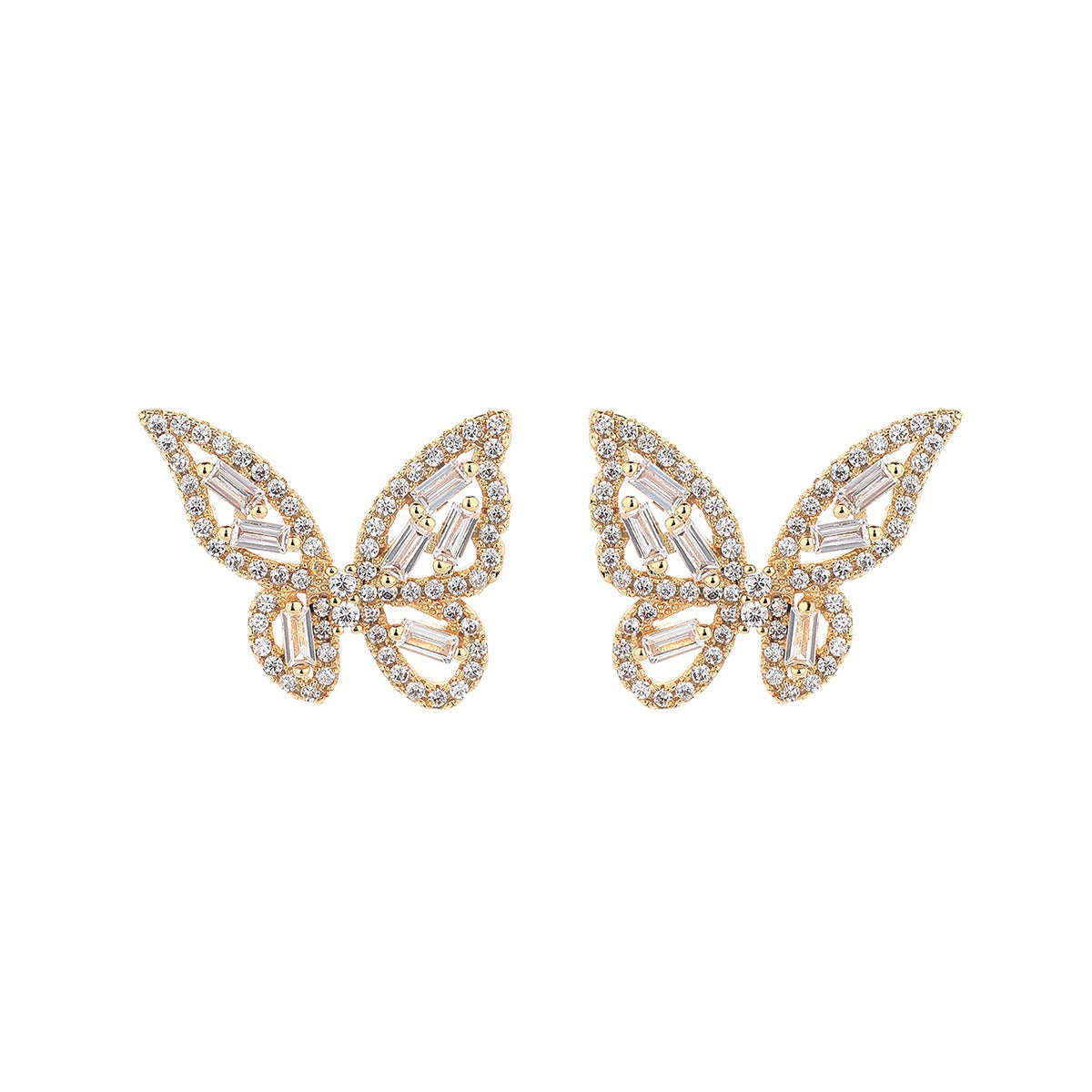 14k Gold and Sterling Silver Round and Baguette Butterfly Earrings with Crystals