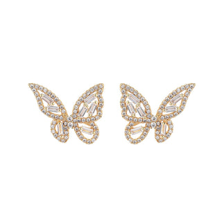 14k Gold and Sterling Silver Round and Baguette Butterfly Earrings with Crystals