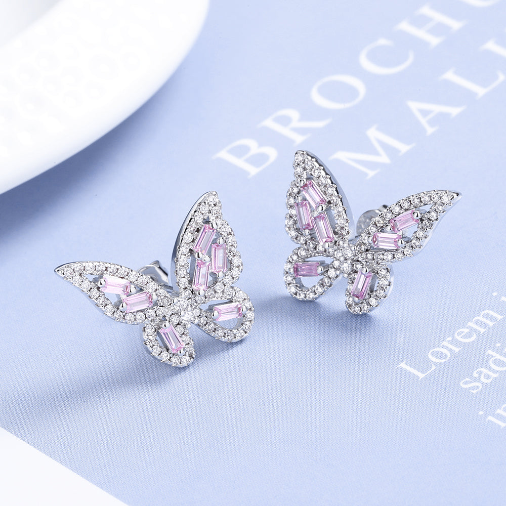 14k Gold and Sterling Silver Round and Baguette Butterfly Earrings with Crystals