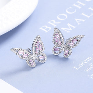 14k Gold and Sterling Silver Round and Baguette Butterfly Earrings with Crystals