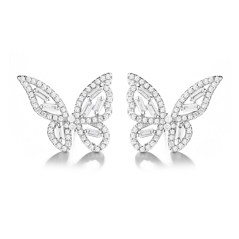 14k Gold and Sterling Silver Round and Baguette Butterfly Earrings with Crystals